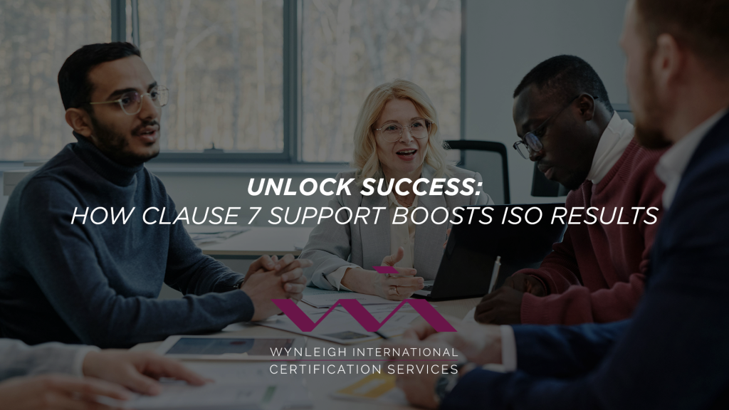 A banner image designed for the Wynleigh International brand. The background image shows a team of business executives seated in discussion around a boardroom table. There is a text overlay that reads: "Unlock Success: How Clause 7 Support Boosts ISO Results"